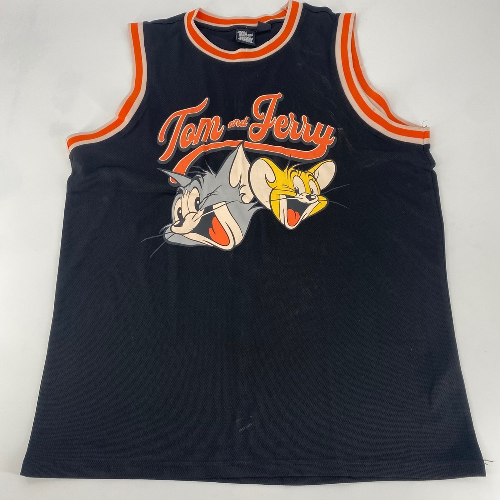Mens Tom and Jerry Basketball Jersey Black Orange‎ Trim Graphic Tank Top Size LG